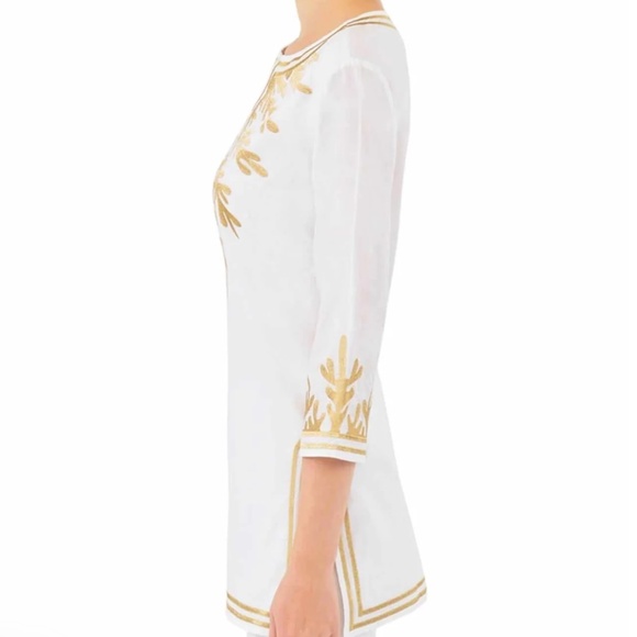 NEW Gretchen Scott Women's Cotton Reef Tunic White Gold 3/4 Sleeve Small S CT - Picture 2 of 5